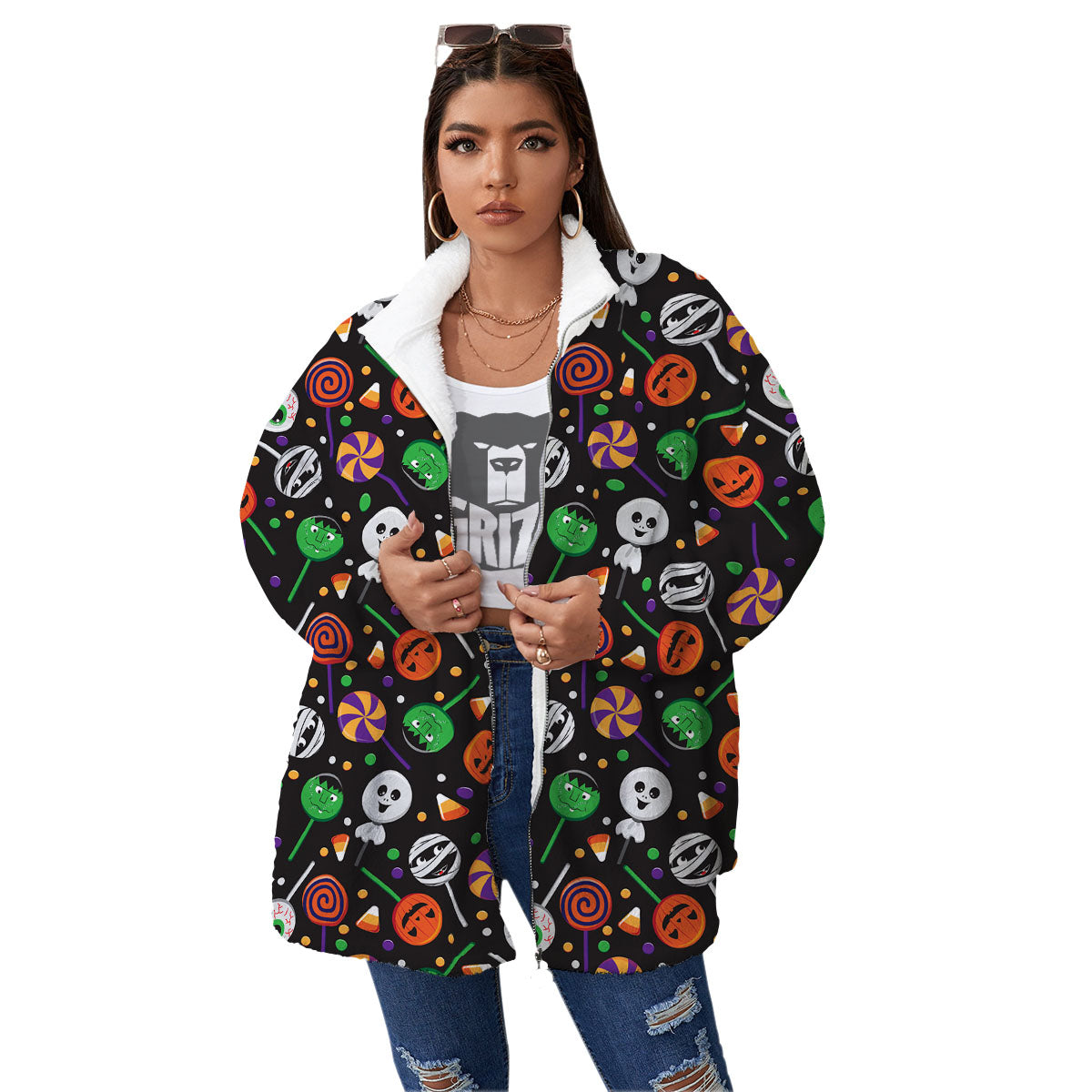 Candy Monsters Halloween Print Pattern Women's Sherpa Jacket-grizzshop
