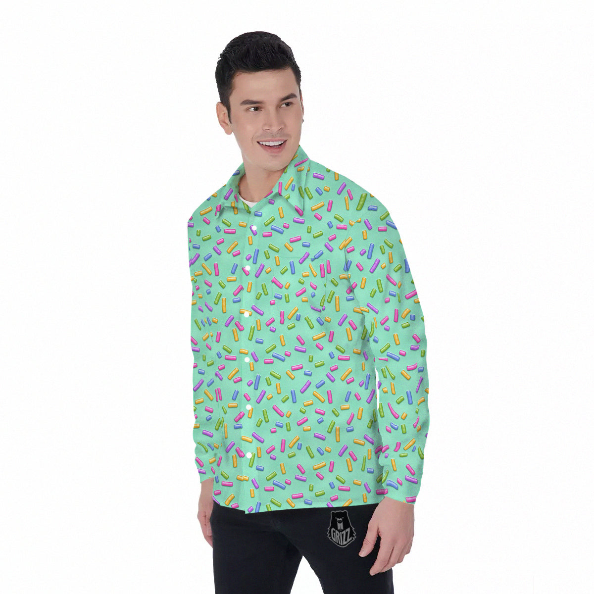 Candy Sprinkles Green Sweet Print Pattern Men's Long Sleeve Shirts-grizzshop
