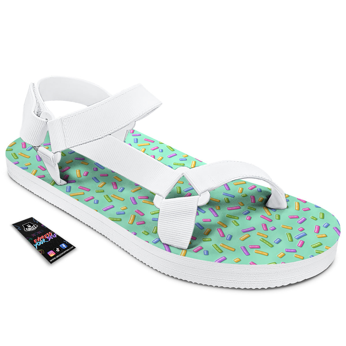 Candy Sprinkles Green Sweet Print Pattern White Open Toe Sandals-grizzshop