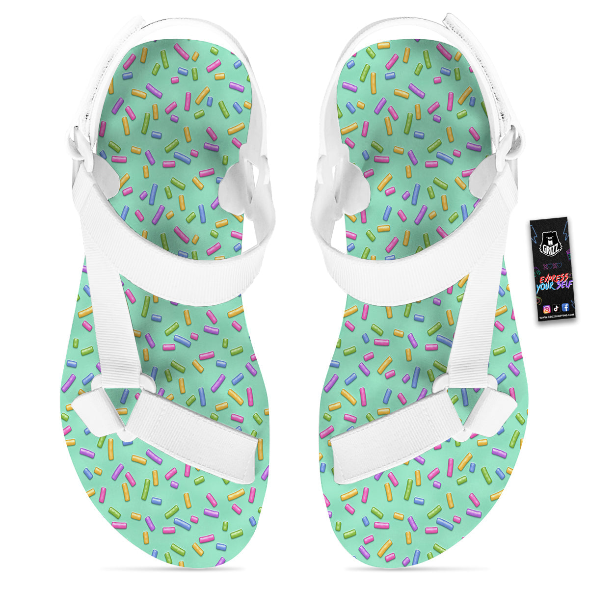 Candy Sprinkles Green Sweet Print Pattern White Open Toe Sandals-grizzshop