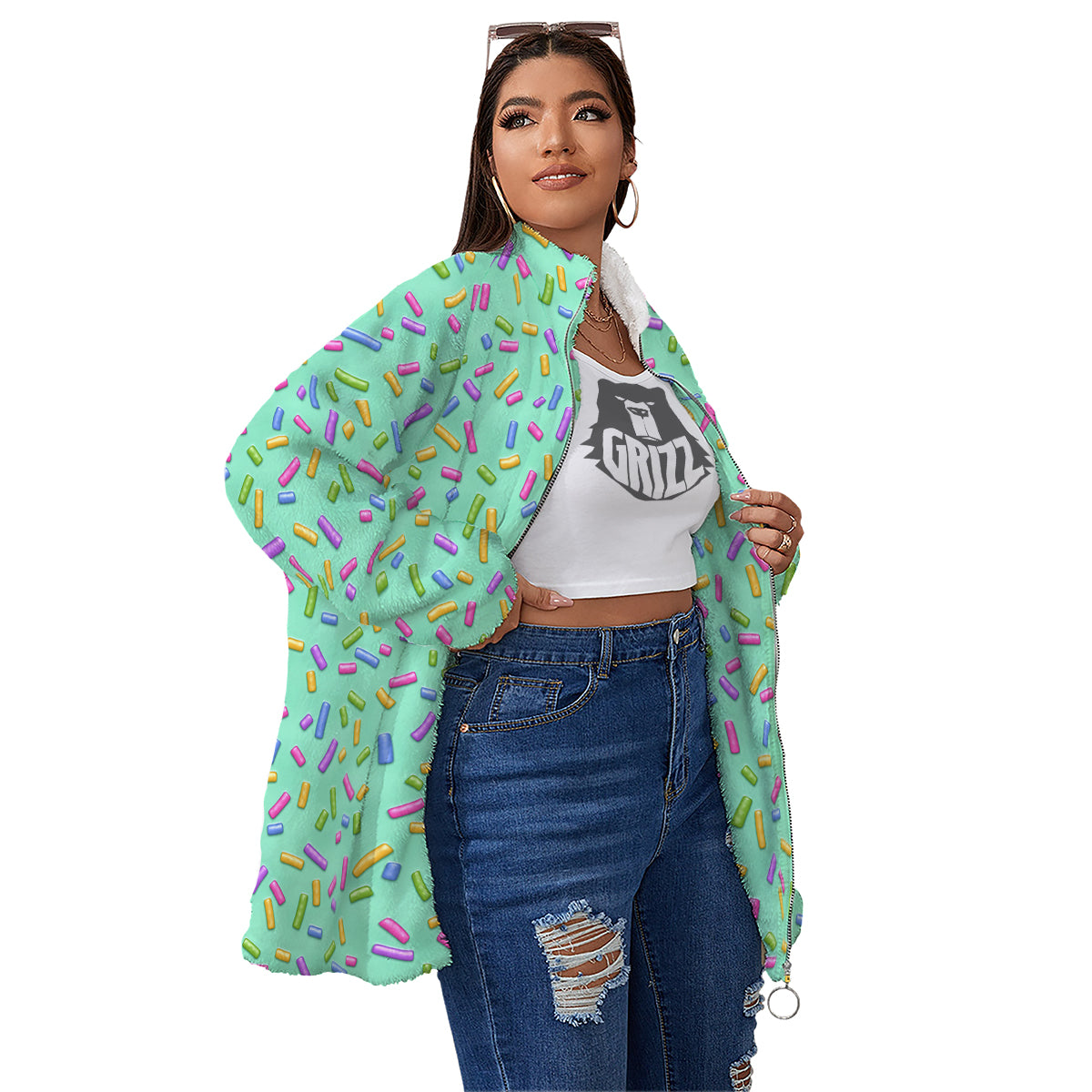Candy Sprinkles Green Sweet Print Pattern Women's Sherpa Jacket-grizzshop