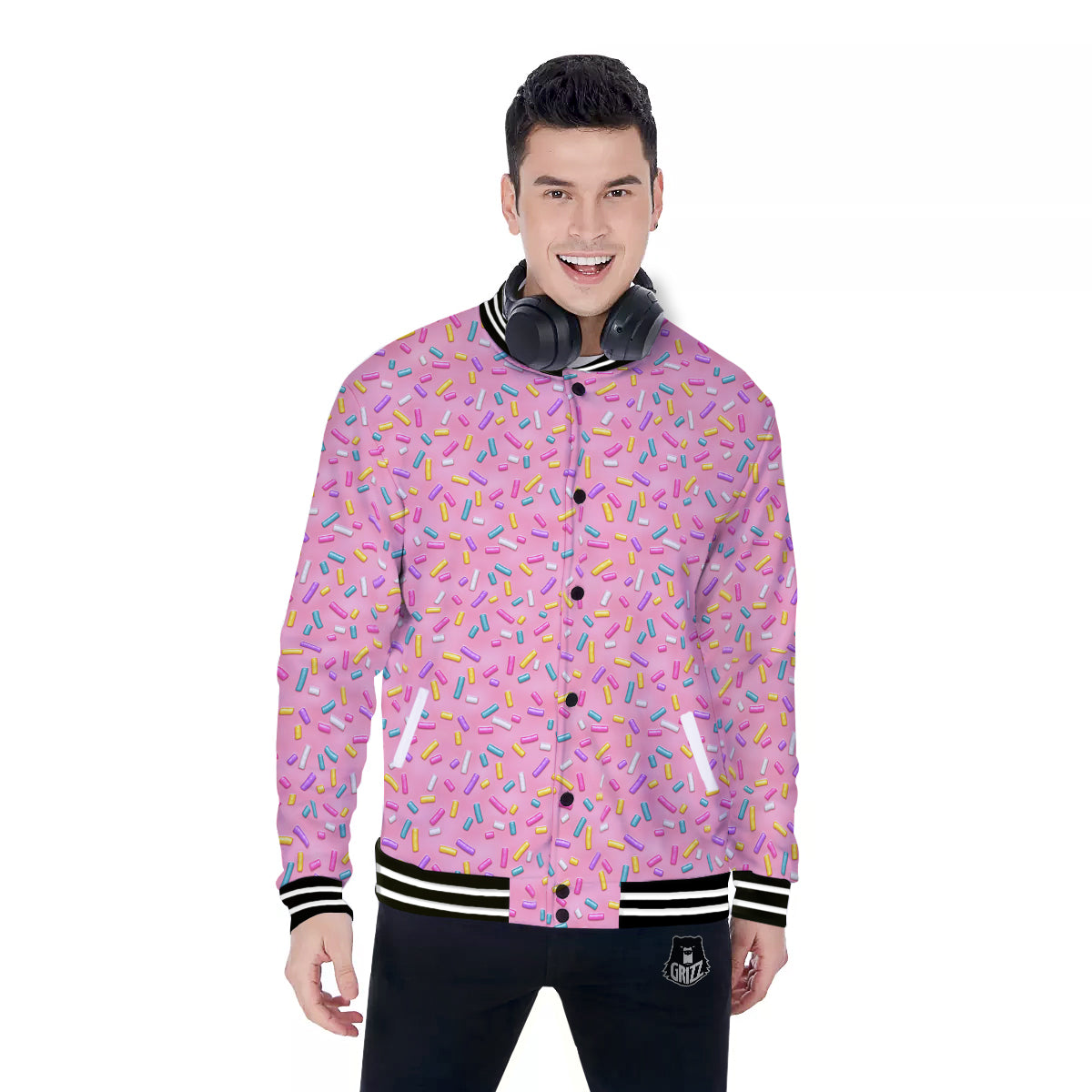 Candy Sprinkles Sweet Pink Print Pattern Baseball Jacket-grizzshop
