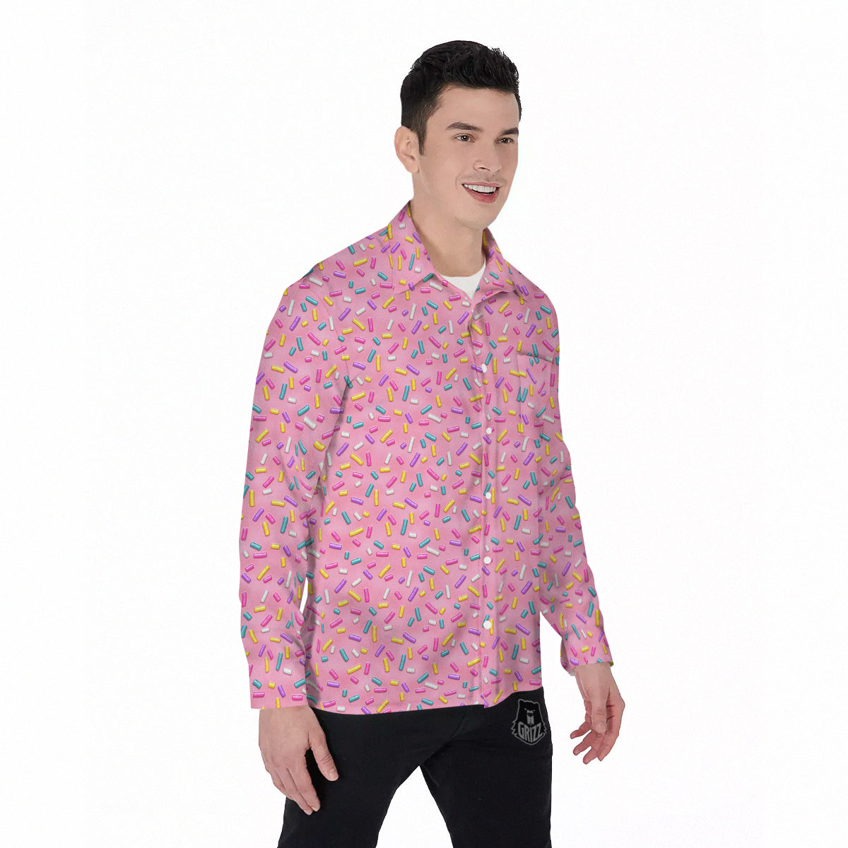 Candy Sprinkles Sweet Pink Print Pattern Men's Long Sleeve Shirts-grizzshop