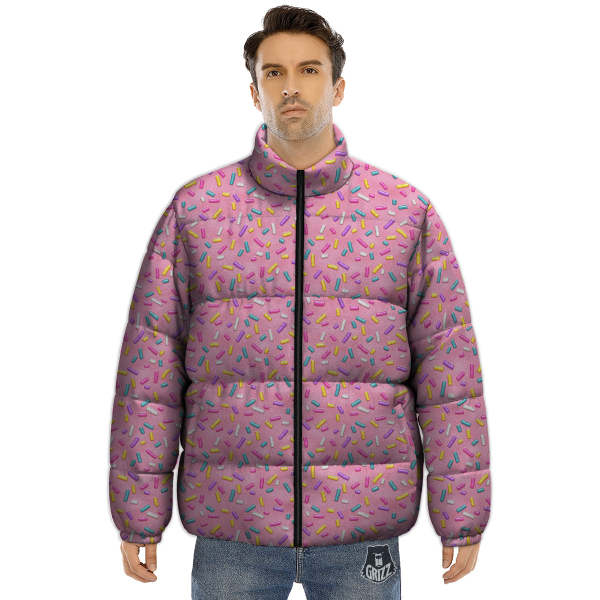 Candy Sprinkles Sweet Pink Print Pattern Puffer Jacket-grizzshop
