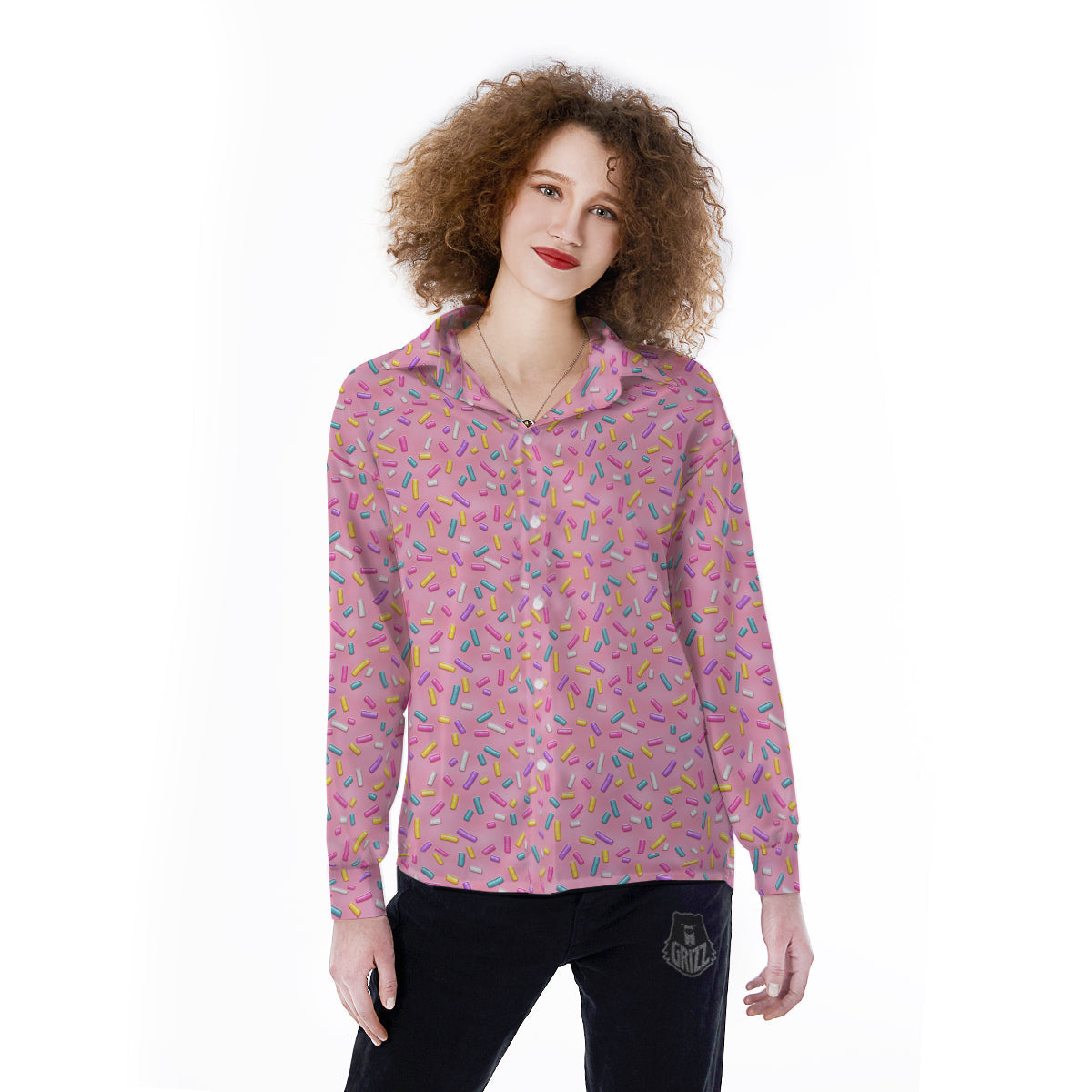 Candy Sprinkles Sweet Pink Print Pattern Women's Long Sleeve Shirts-grizzshop