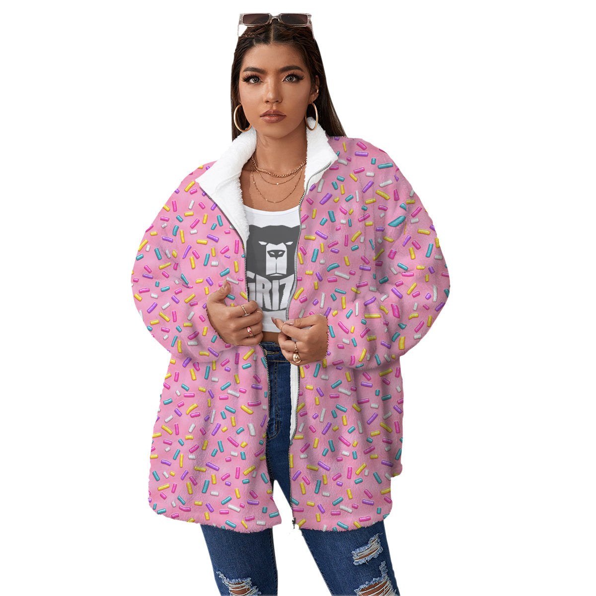 Candy Sprinkles Sweet Pink Print Pattern Women's Sherpa Jacket-grizzshop