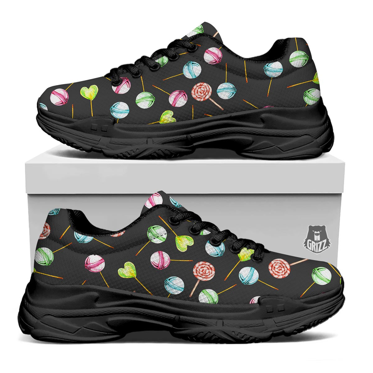 Candy Sweet Print Pattern Black Chunky Shoes-grizzshop