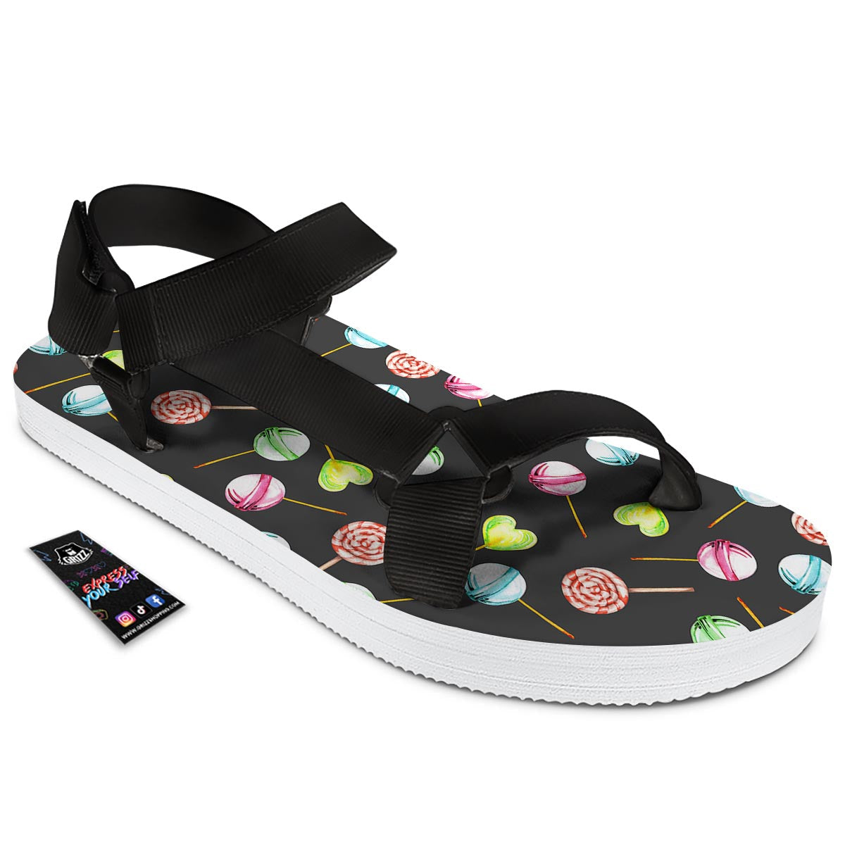 Candy Sweet Print Pattern Black Open Toe Sandals-grizzshop