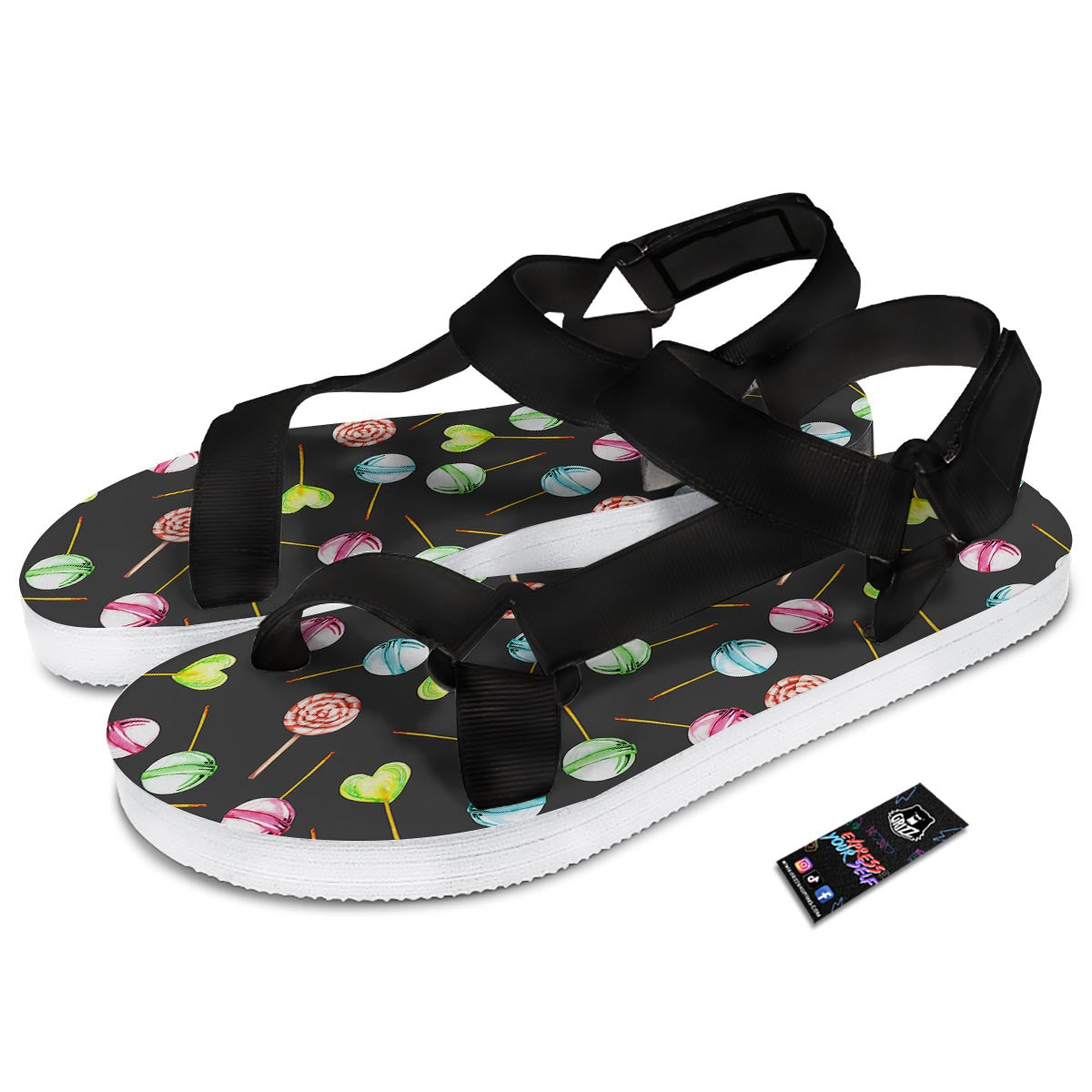Candy Sweet Print Pattern Black Open Toe Sandals-grizzshop