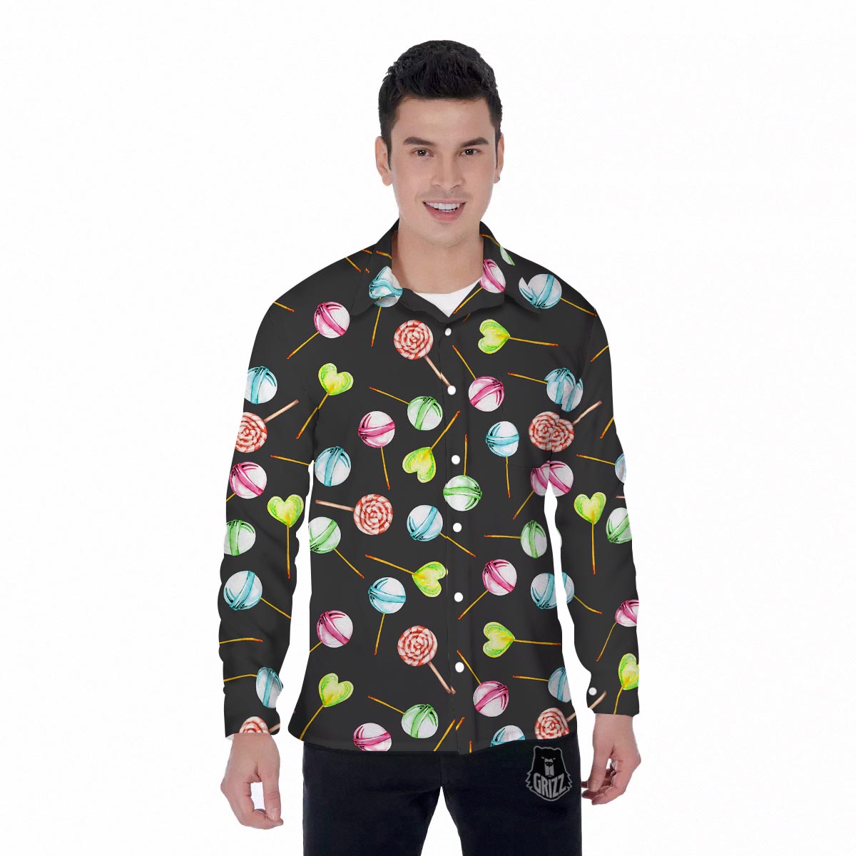 Candy Sweet Print Pattern Men's Long Sleeve Shirts-grizzshop