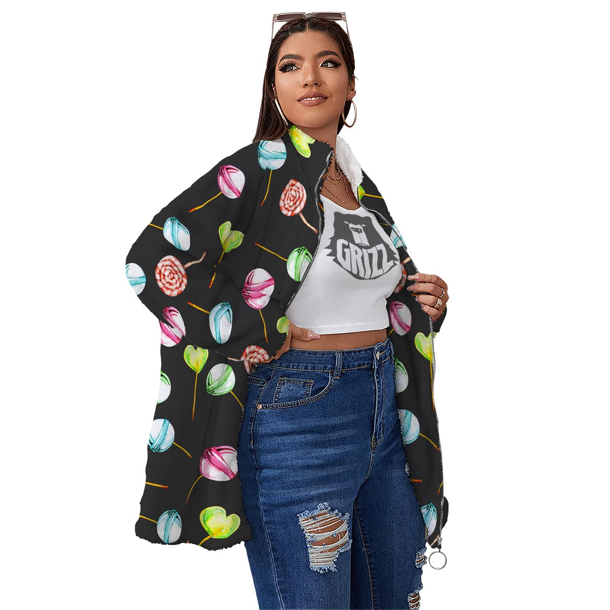 Candy Sweet Print Pattern Women's Sherpa Jacket-grizzshop