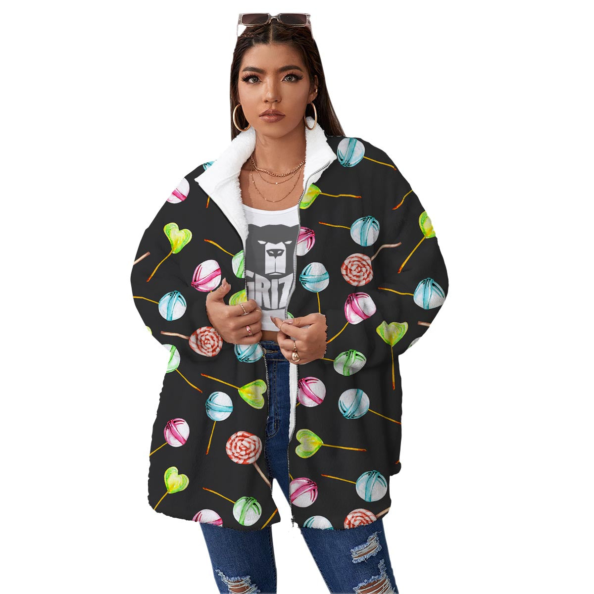 Candy Sweet Print Pattern Women's Sherpa Jacket-grizzshop