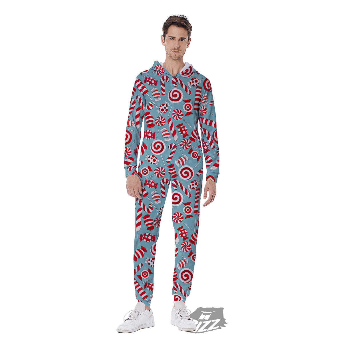 Candy Cane Christmas Print Pattern Men's Jumpsuit-grizzshop