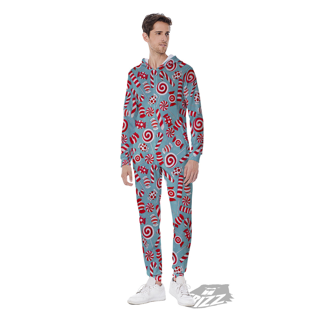 Candy Cane Christmas Print Pattern Men's Jumpsuit-grizzshop