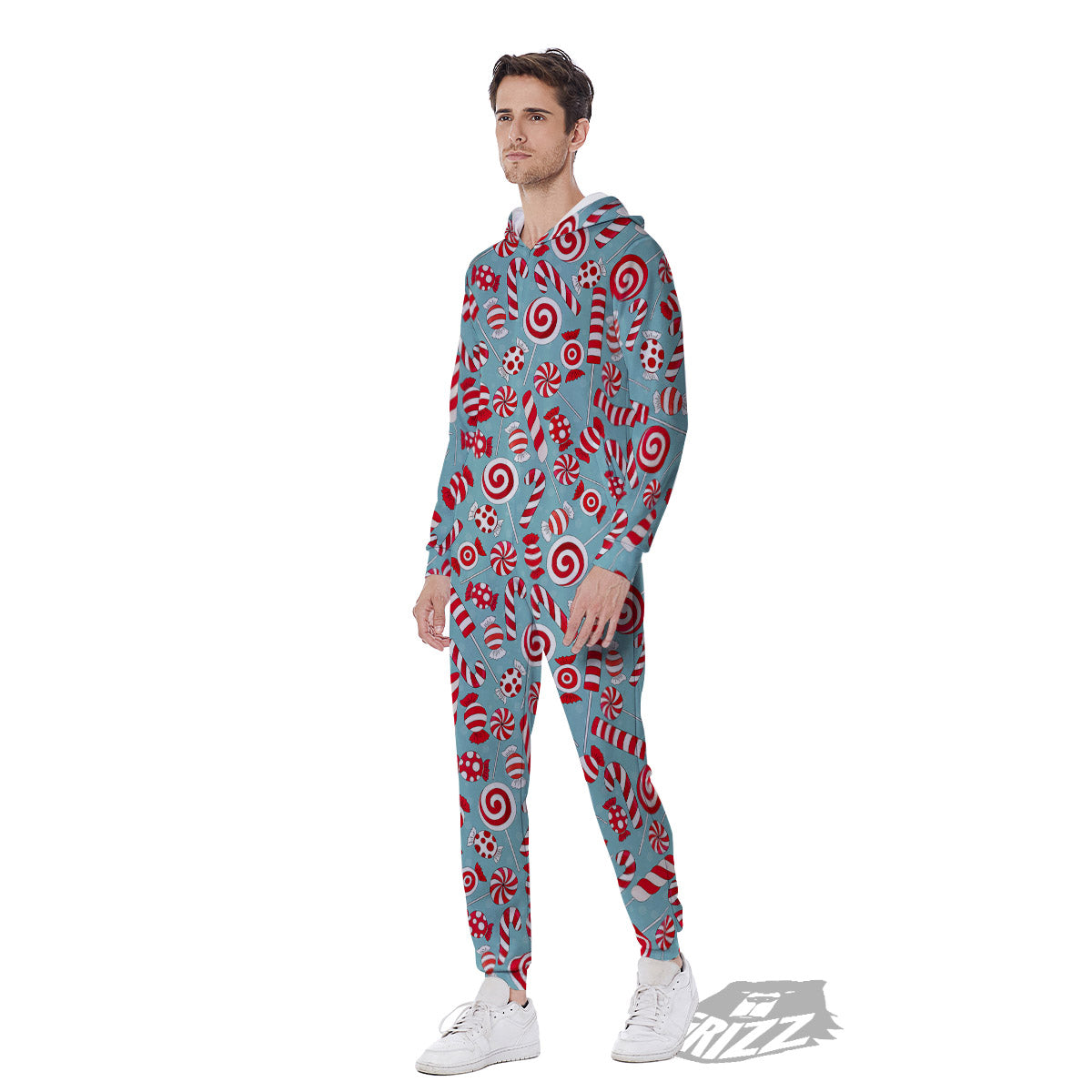 Candy Cane Christmas Print Pattern Men's Jumpsuit-grizzshop