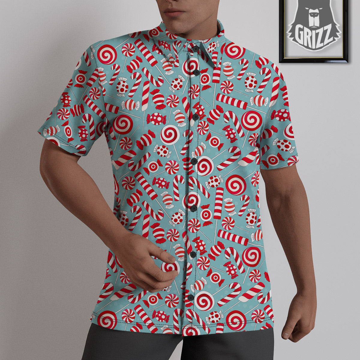 Candy Cane Christmas Print Pattern Untucked Shirts-grizzshop