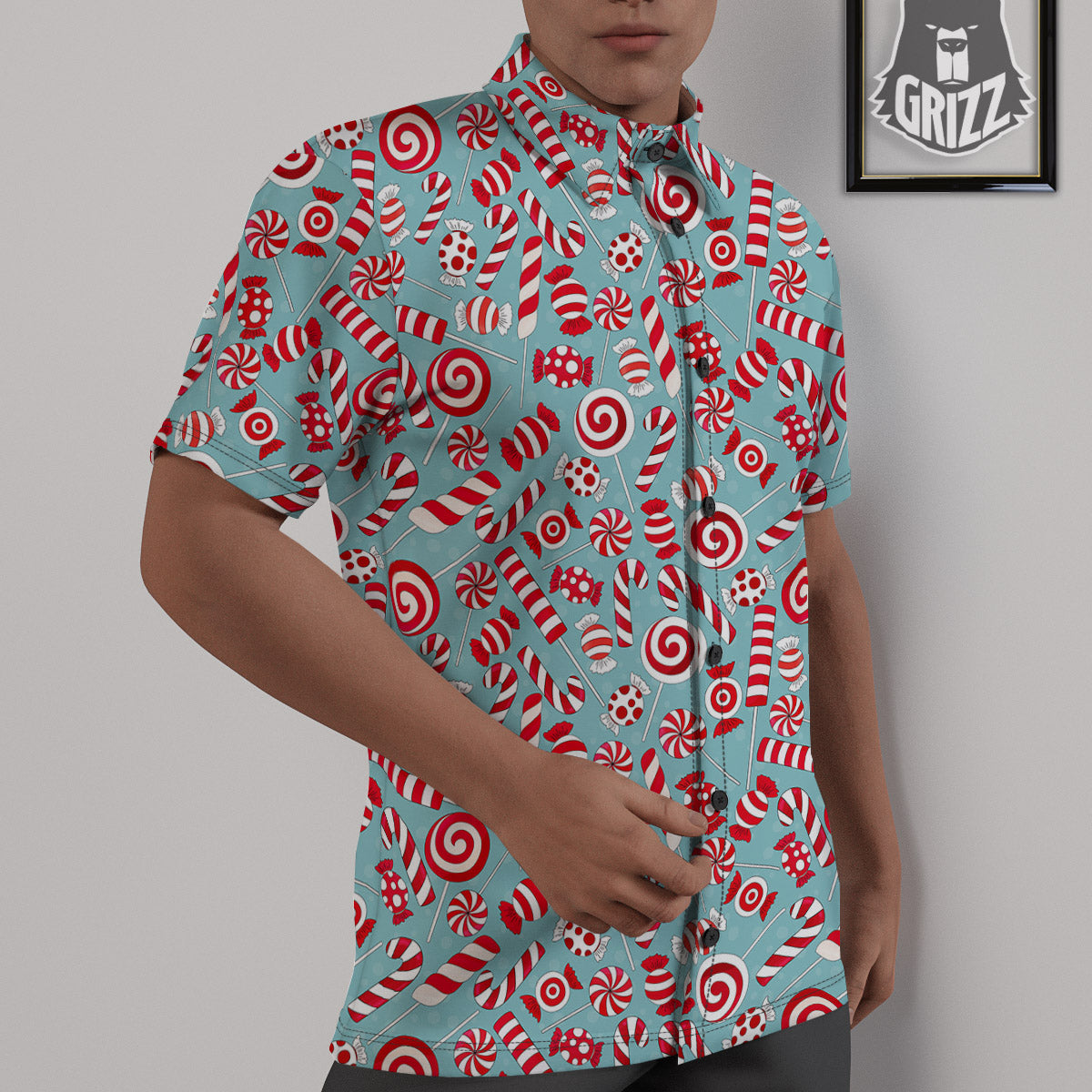 Candy Cane Christmas Print Pattern Untucked Shirts-grizzshop