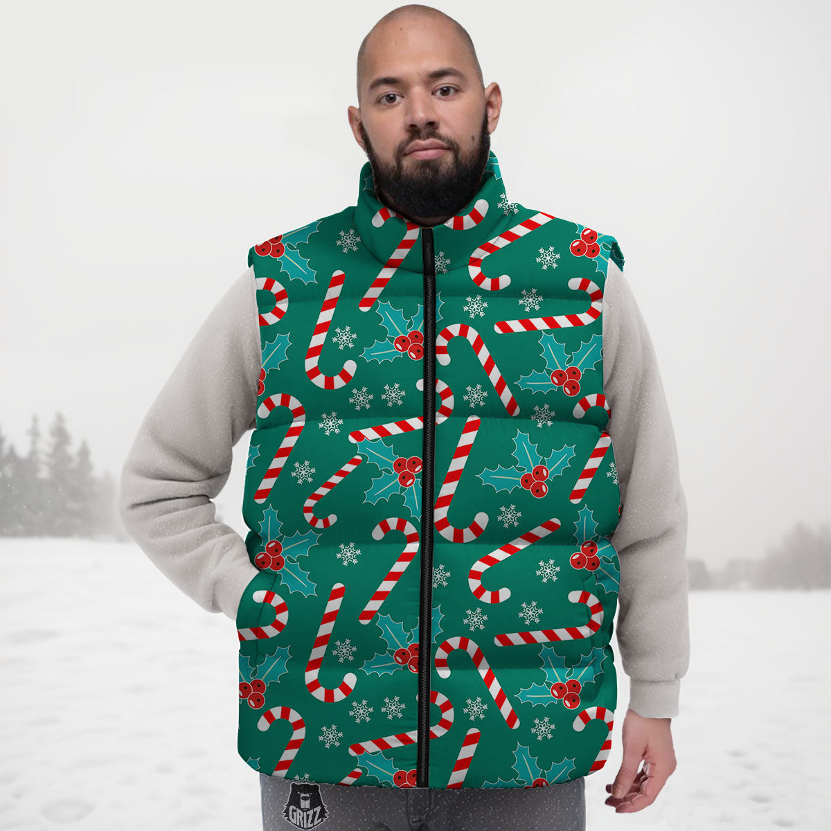 Candy Cane Merry Christmas Print Pattern Down Vest