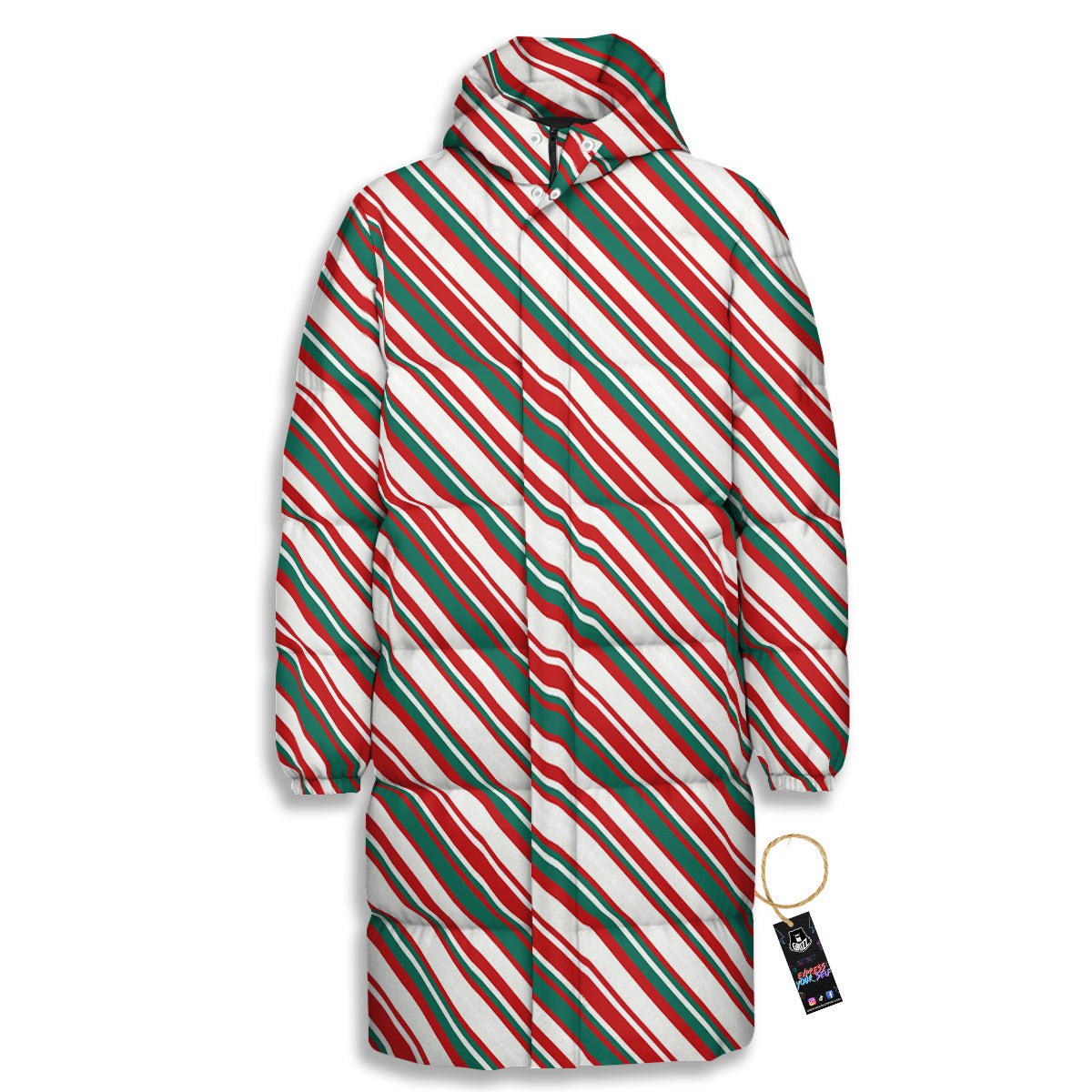 Candy Cane Stripe Christmas Print Long Down Jacket
