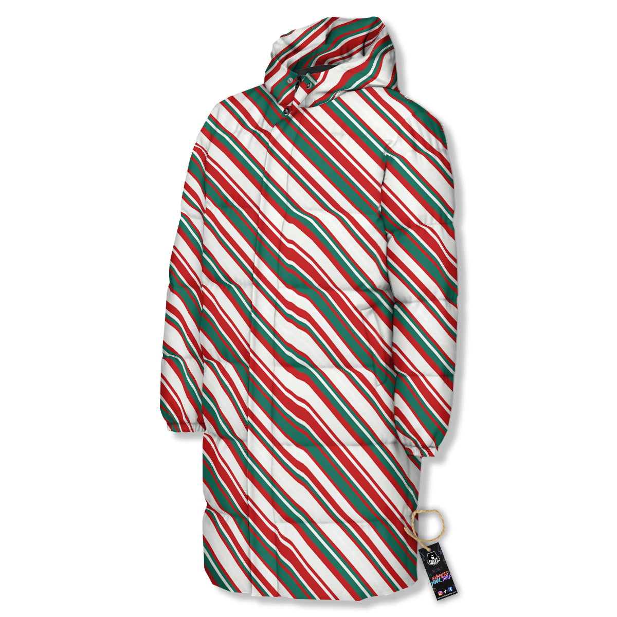 Candy Cane Stripe Christmas Print Long Down Jacket