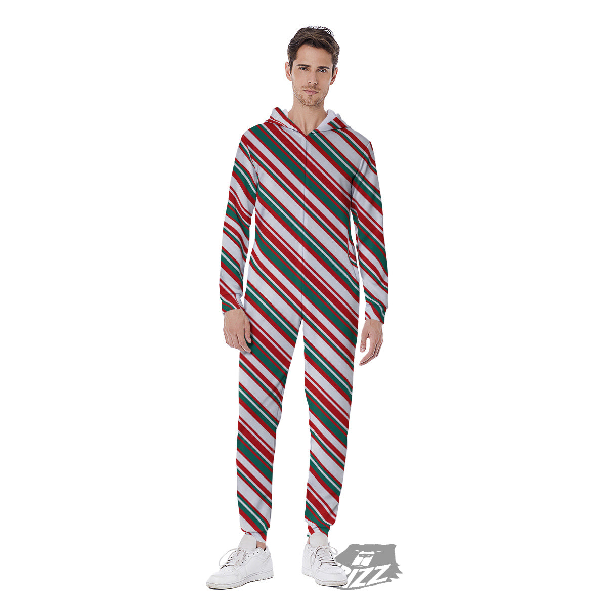 Candy Cane Stripe Christmas Print Men's Jumpsuit-grizzshop