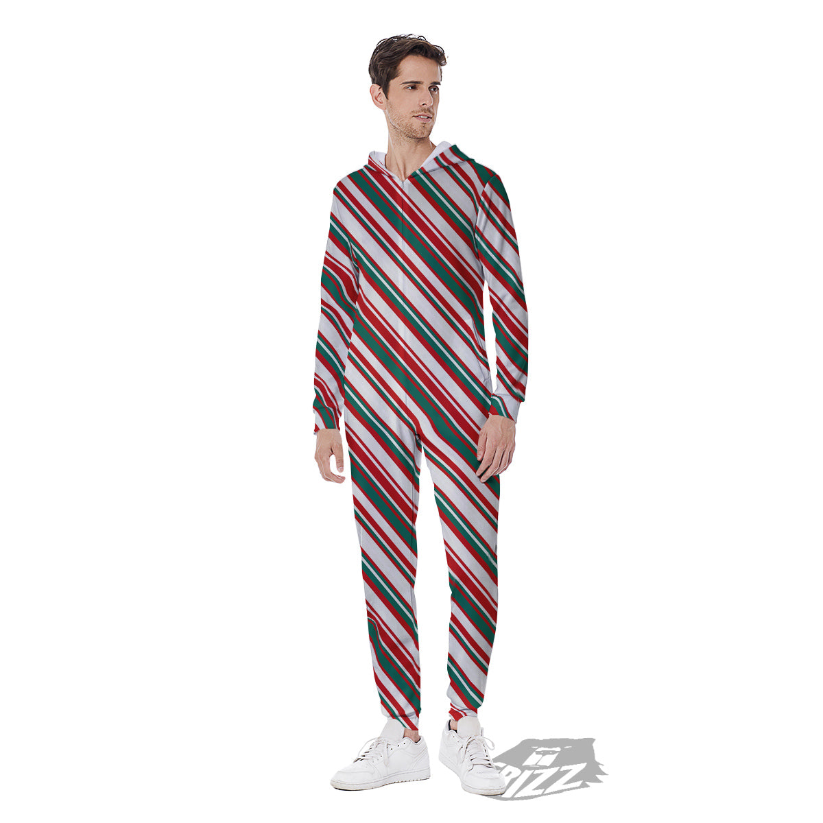 Candy Cane Stripe Christmas Print Men's Jumpsuit-grizzshop