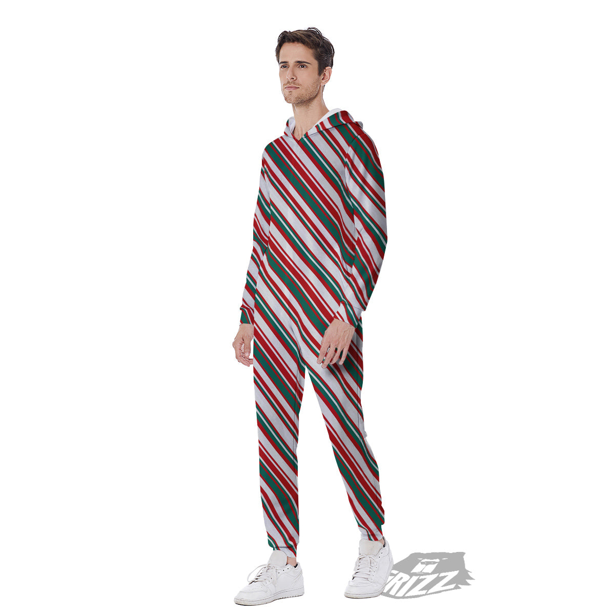 Candy Cane Stripe Christmas Print Men's Jumpsuit-grizzshop