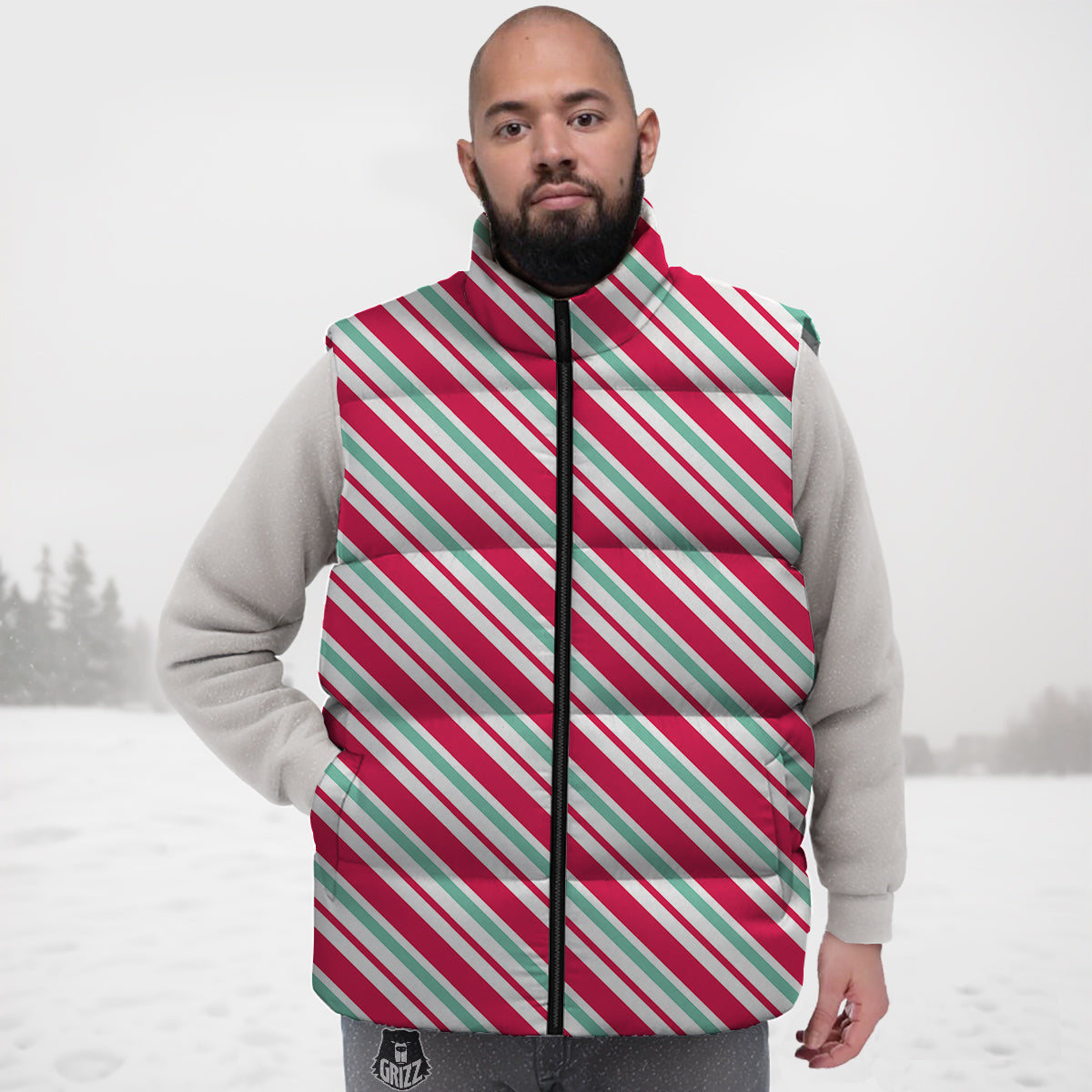 Candy Cane Striped Christmas Print Down Vest