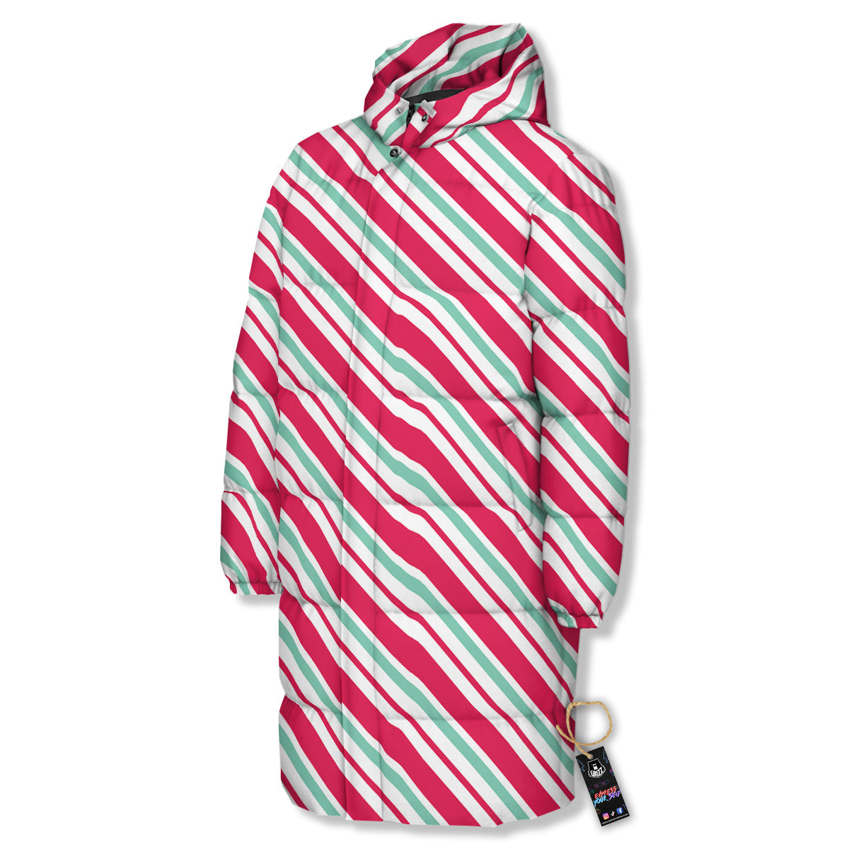 Candy Cane Striped Christmas Print Long Down Jacket