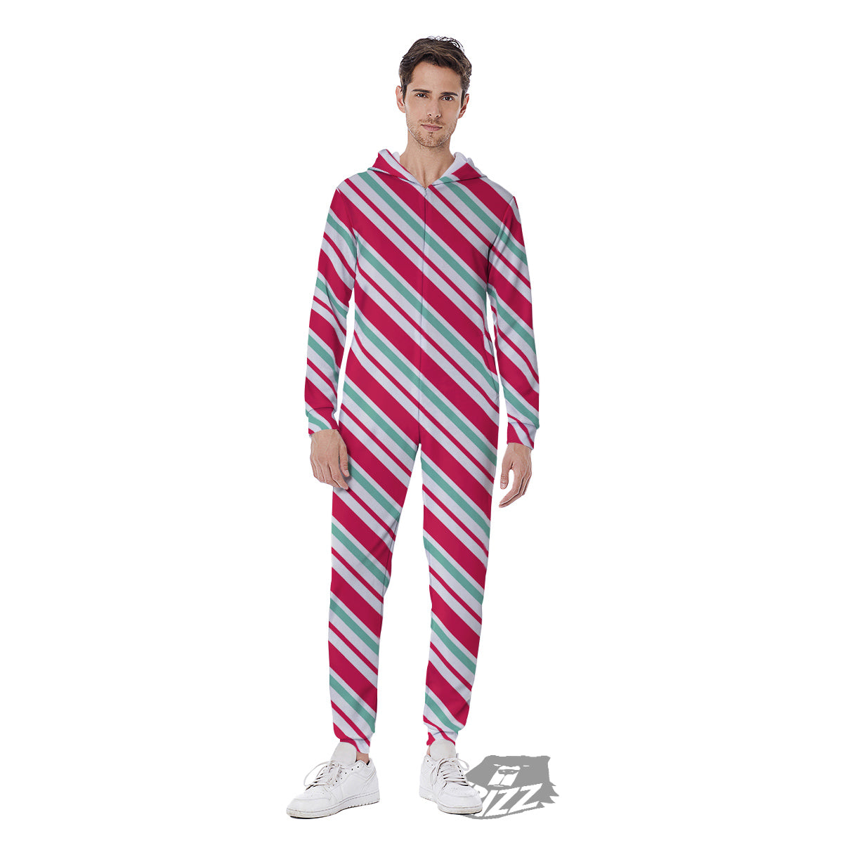 Candy Cane Striped Christmas Print Men's Jumpsuit-grizzshop