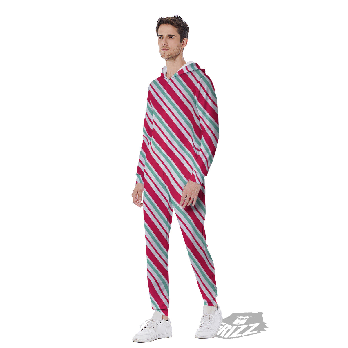 Candy Cane Striped Christmas Print Men's Jumpsuit-grizzshop