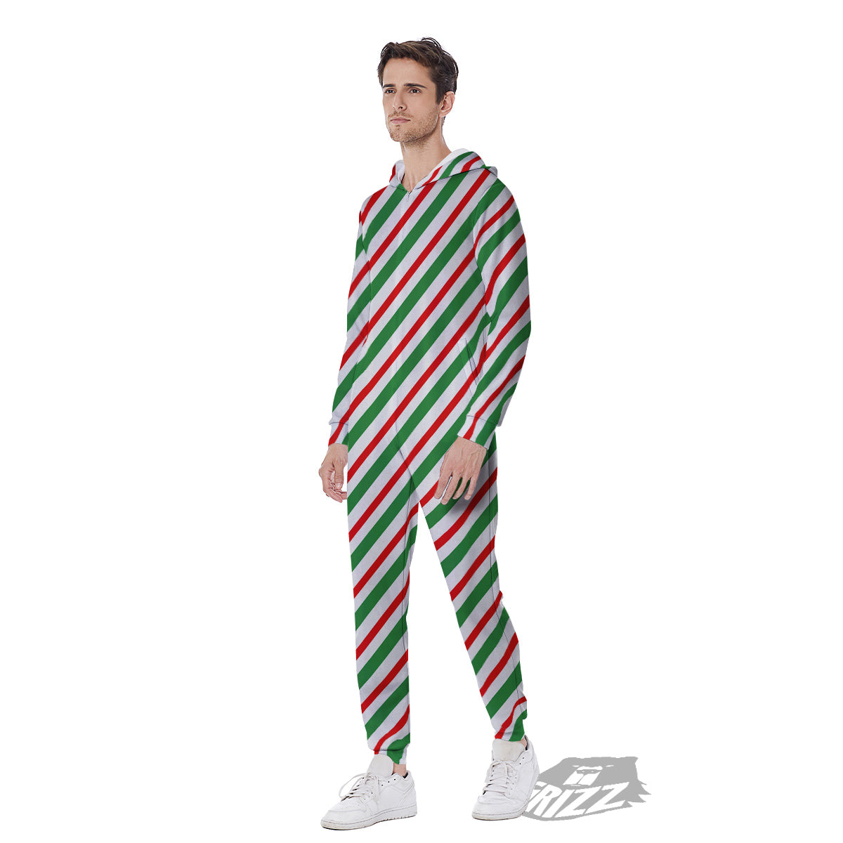 Candy Cane Stripes Christmas Print Men's Jumpsuit-grizzshop