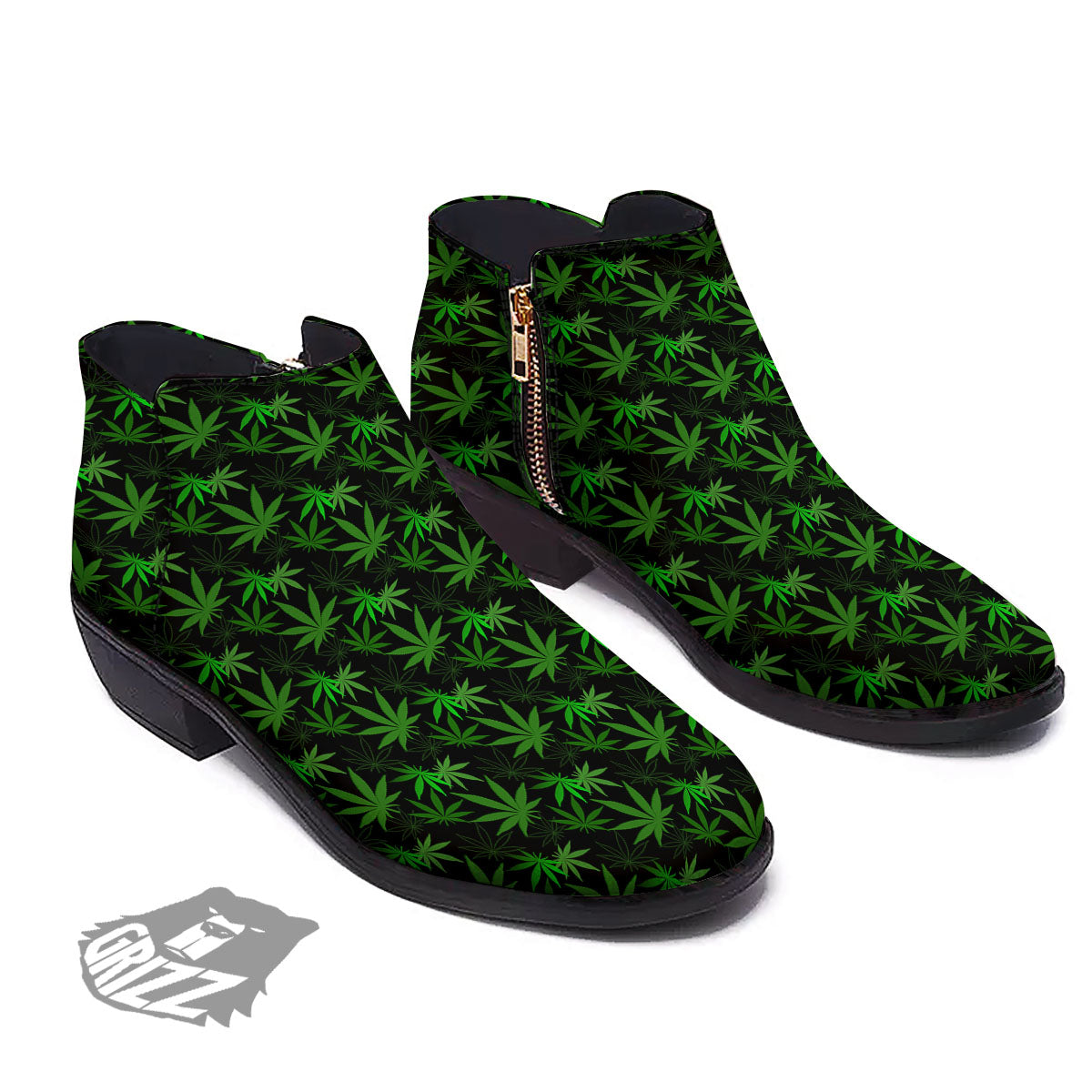 Cannabis Leaf Black And Green Print Ankle Boots-grizzshop