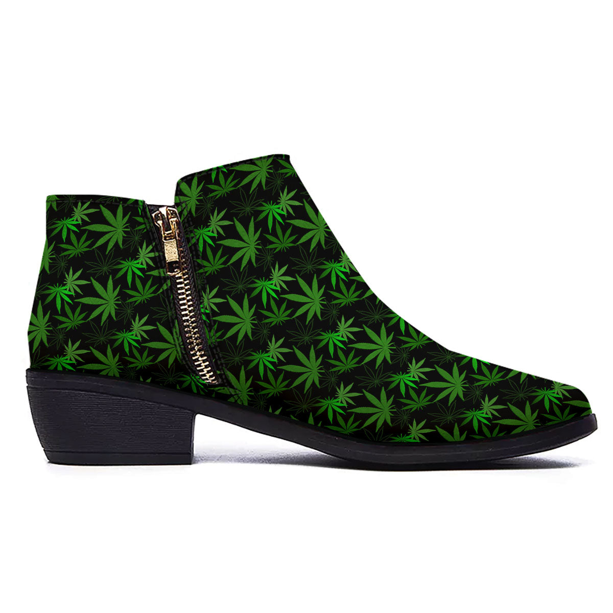 Cannabis Leaf Black And Green Print Ankle Boots-grizzshop