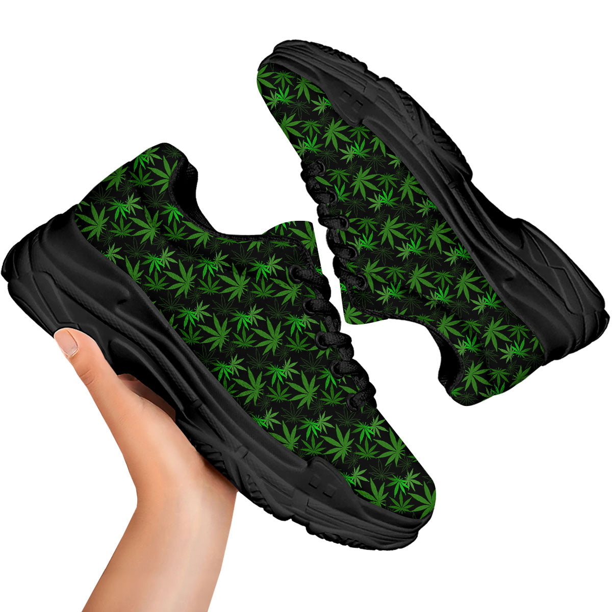 Cannabis Leaf Black And Green Print Black Chunky Shoes-grizzshop