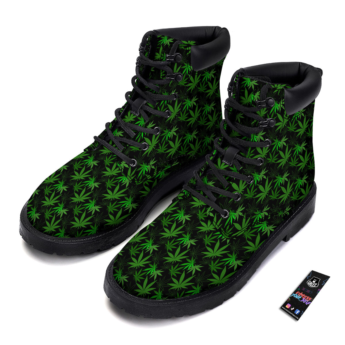 Cannabis Leaf Black And Green Print Boots-grizzshop