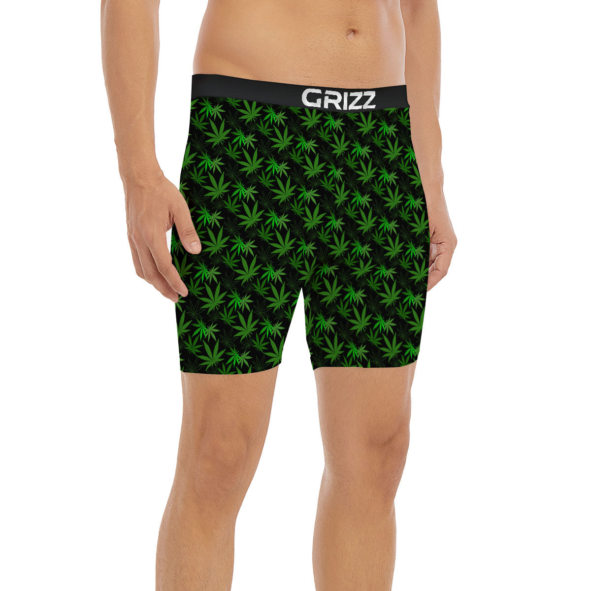 Cannabis Leaf Black And Green Print Boxer Briefs-grizzshop