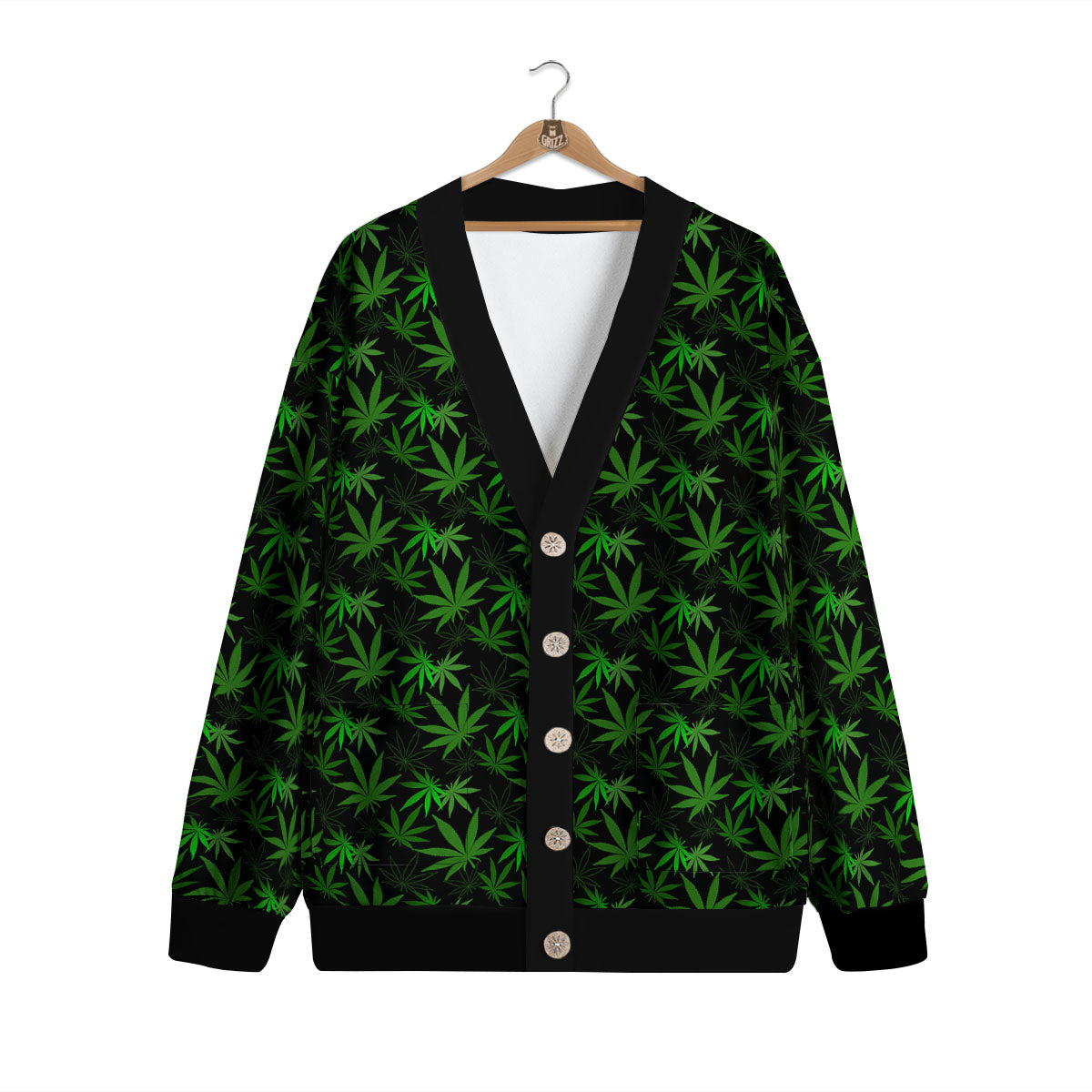Cannabis Leaf Black And Green Print Cardigan-grizzshop
