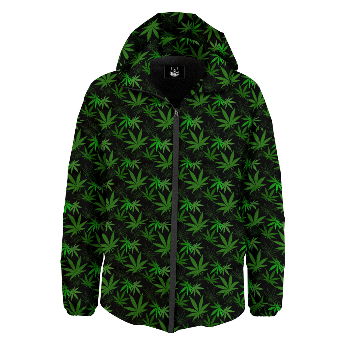 Cannabis Leaf Black And Green Print Down Jacket-grizzshop