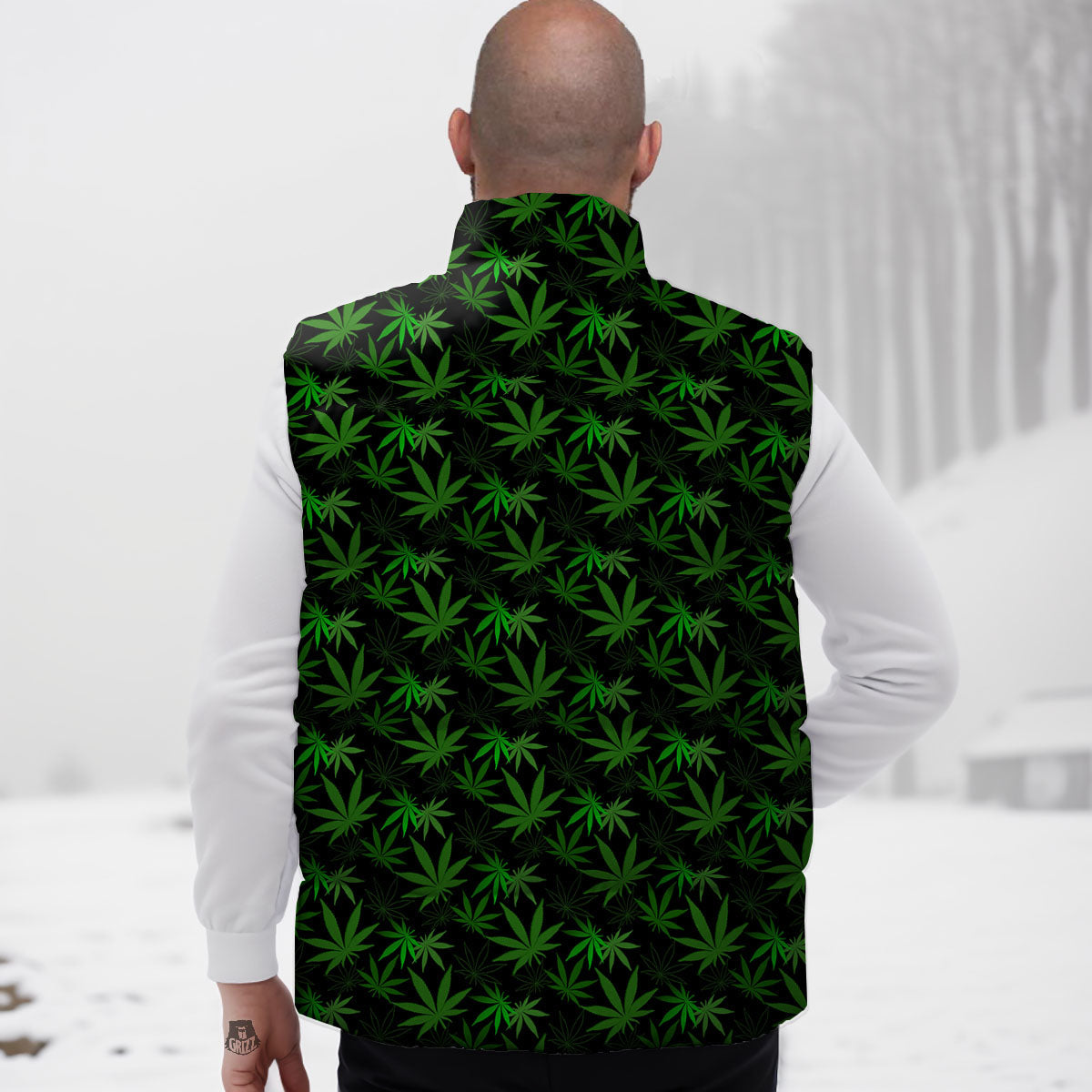 Cannabis Leaf Black And Green Print Down Vest