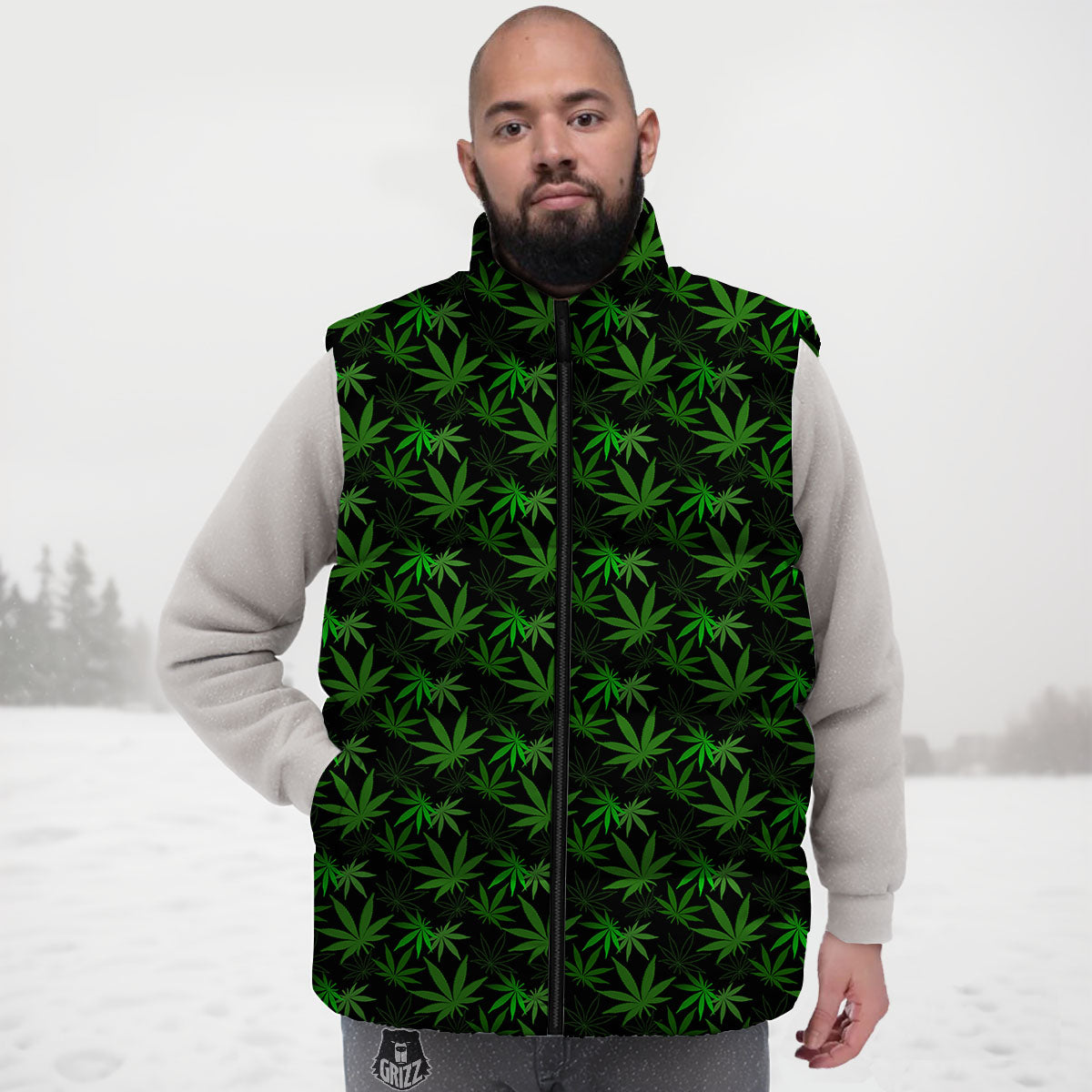 Cannabis Leaf Black And Green Print Down Vest