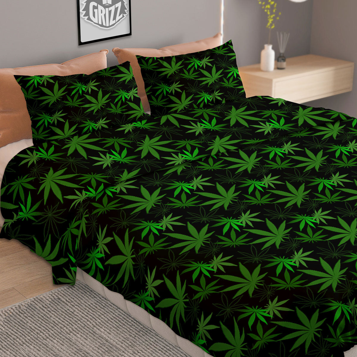 Cannabis Leaf Black And Green Print Duvet Cover Bedding Set