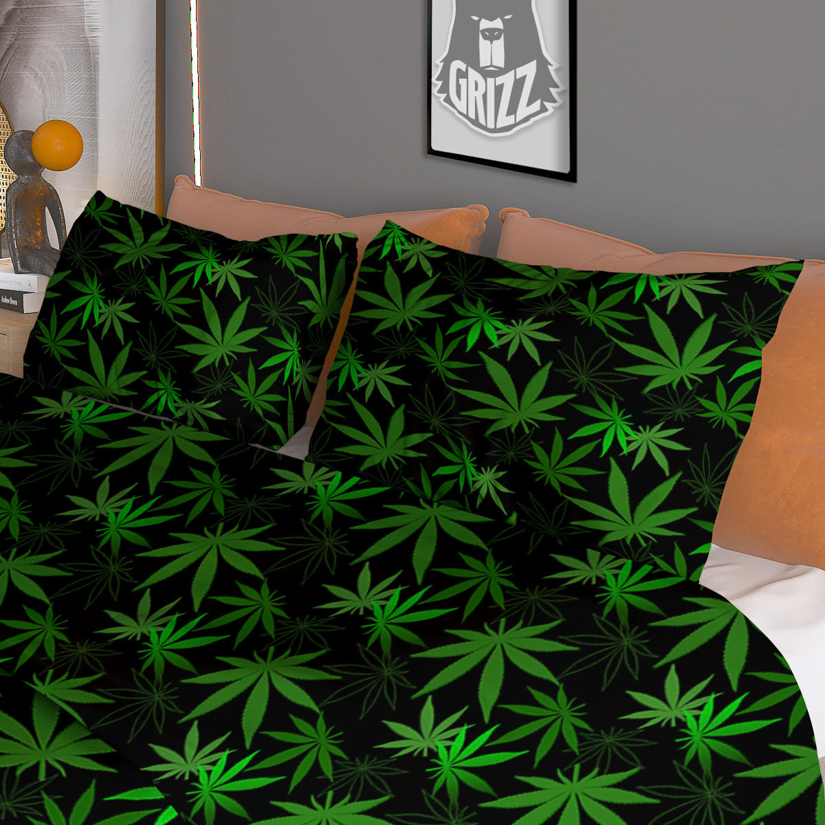 Cannabis Leaf Black And Green Print Duvet Cover Bedding Set
