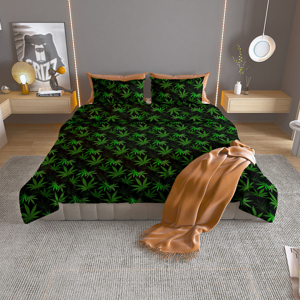 Cannabis Leaf Black And Green Print Duvet Cover Bedding Set