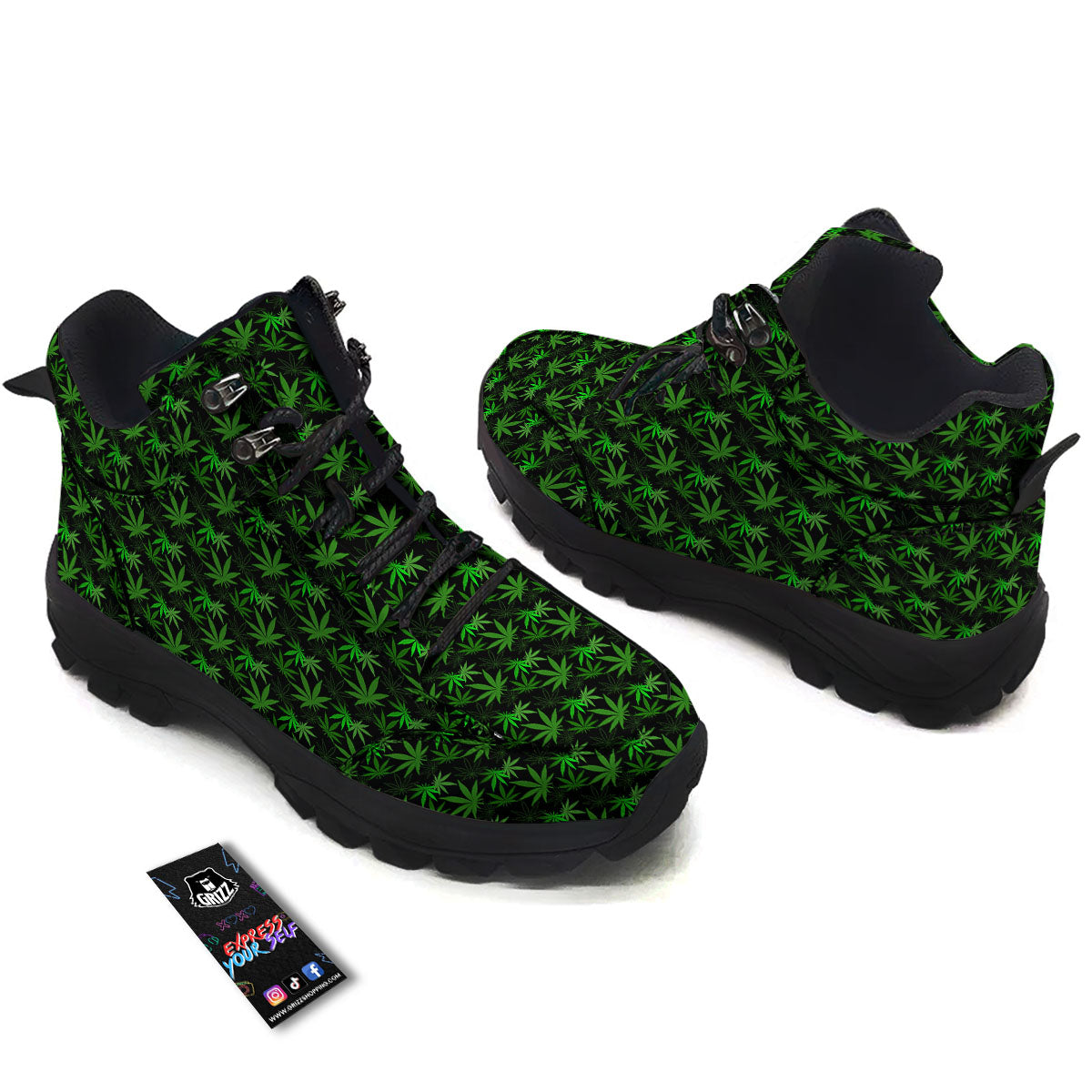 Cannabis Leaf Black And Green Print Hiking Shoes-grizzshop