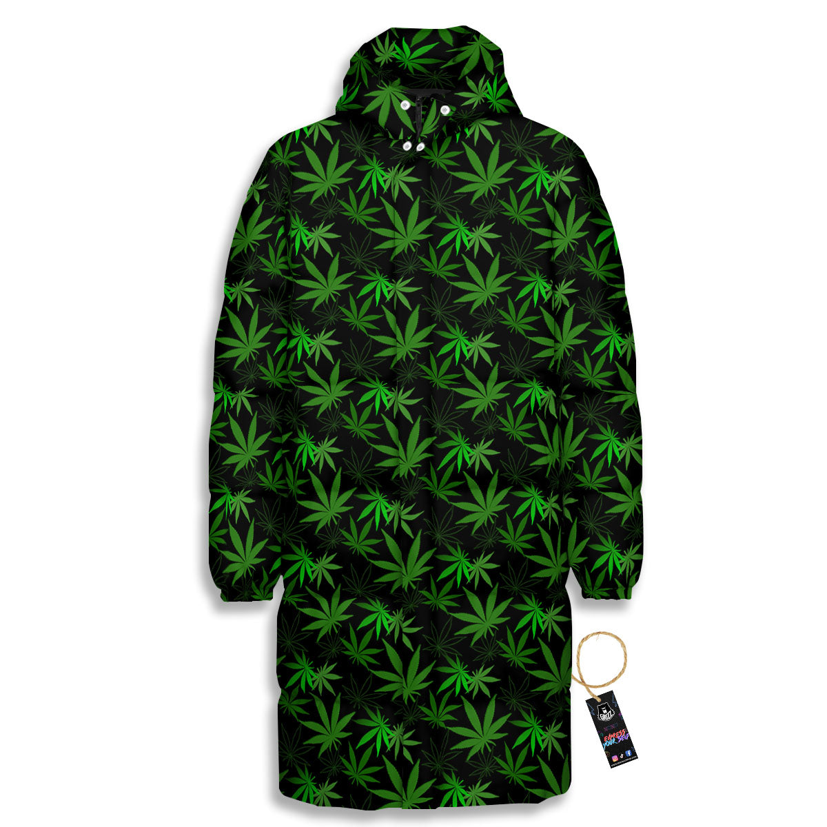 Cannabis Leaf Black And Green Print Long Down Jacket-grizzshop