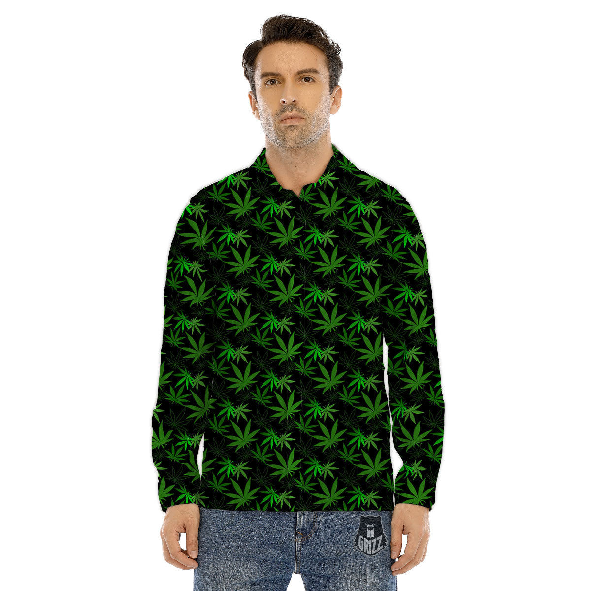 Cannabis Leaf Black And Green Print Men's Dress Shirts-grizzshop