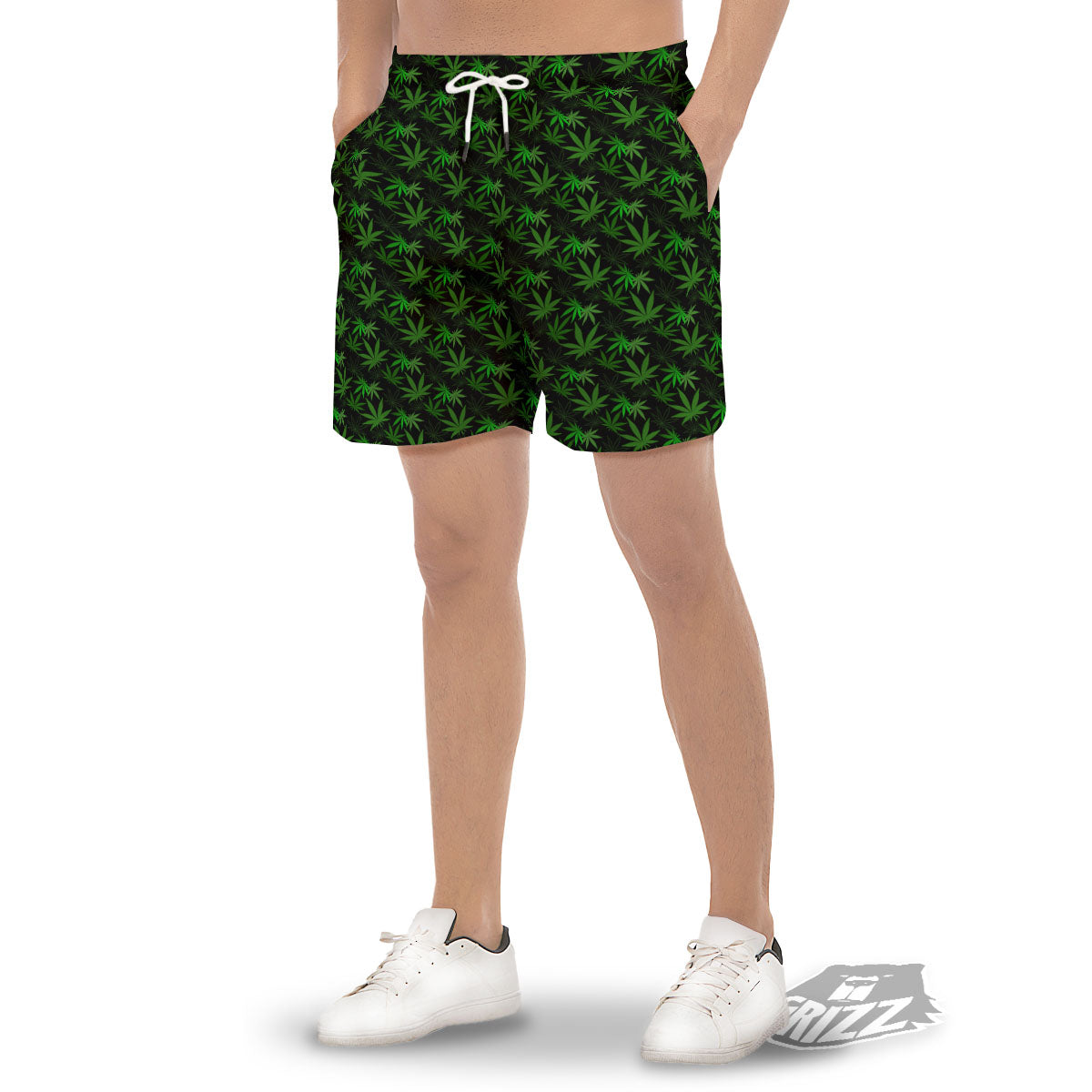 Cannabis Leaf Black And Green Print Men's Gym Shorts-grizzshop