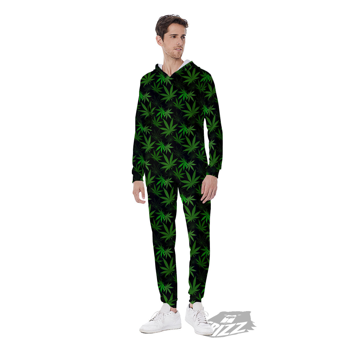 Cannabis Leaf Black And Green Print Men's Jumpsuit-grizzshop