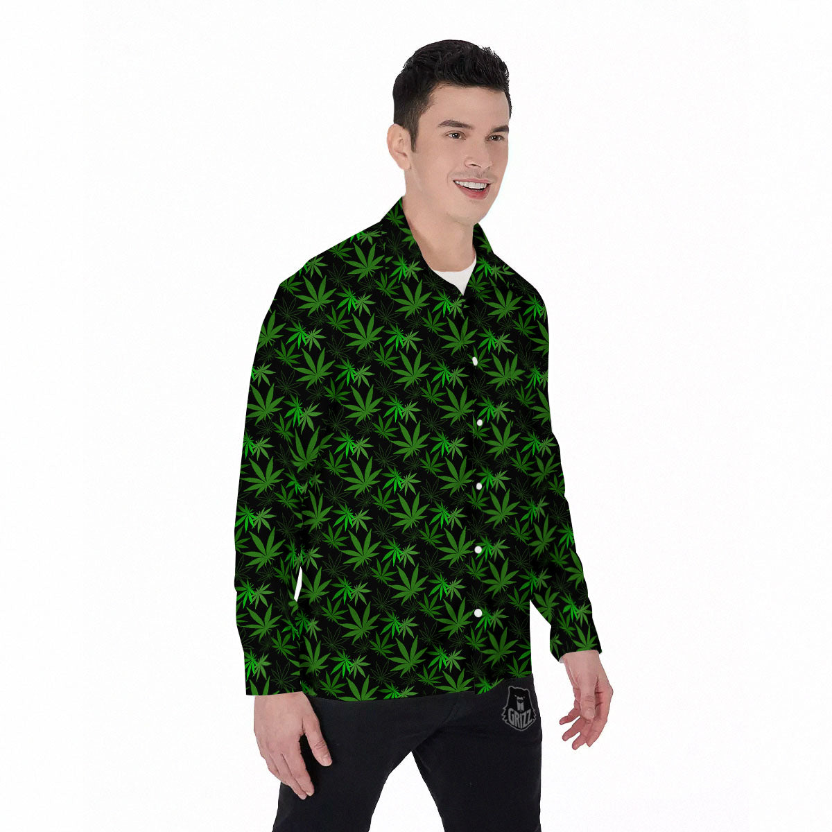 Cannabis Leaf Black And Green Print Men's Long Sleeve Shirts-grizzshop